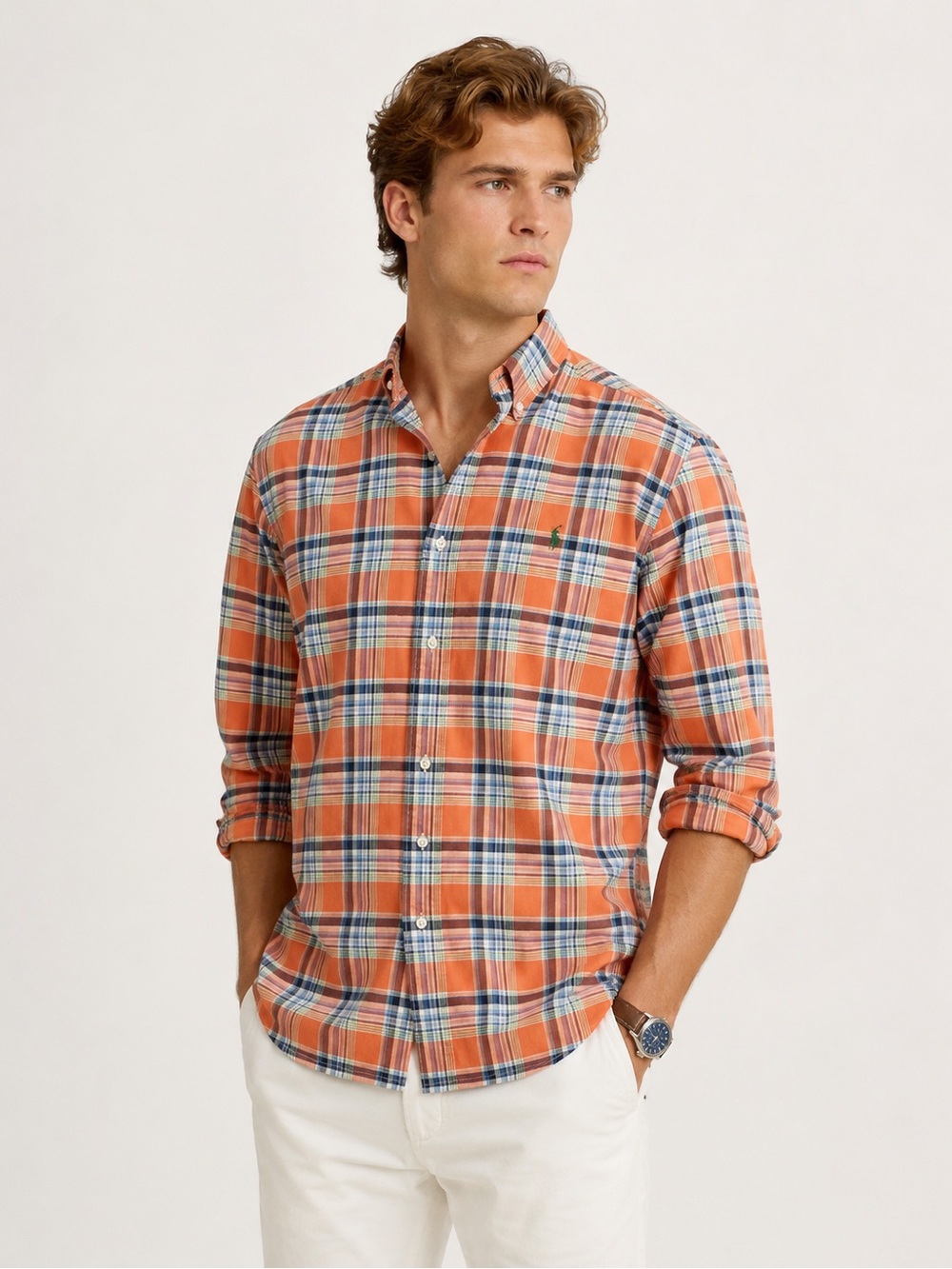 Ralph Lauren Orange Plaid Custom Fit Long Sleeve Button Down Shirt Mens size XL